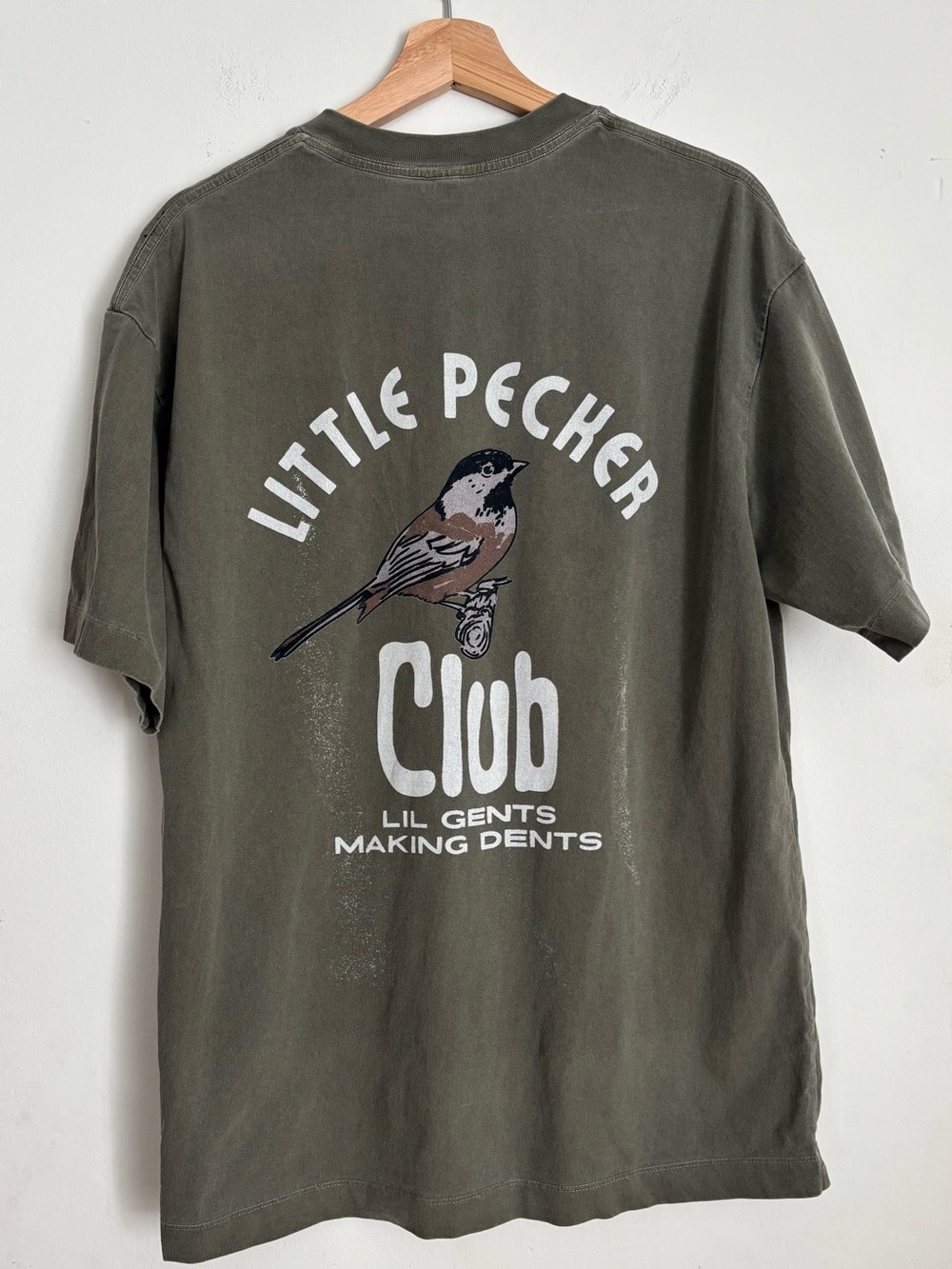Little Pecker Club Graphic Tee Funny Lil Gents Making Dents Gray Green Size L